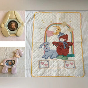 Baby Gift Set! Vintage Handmade Cross-stich baby blanket + Matching Baby Frames
